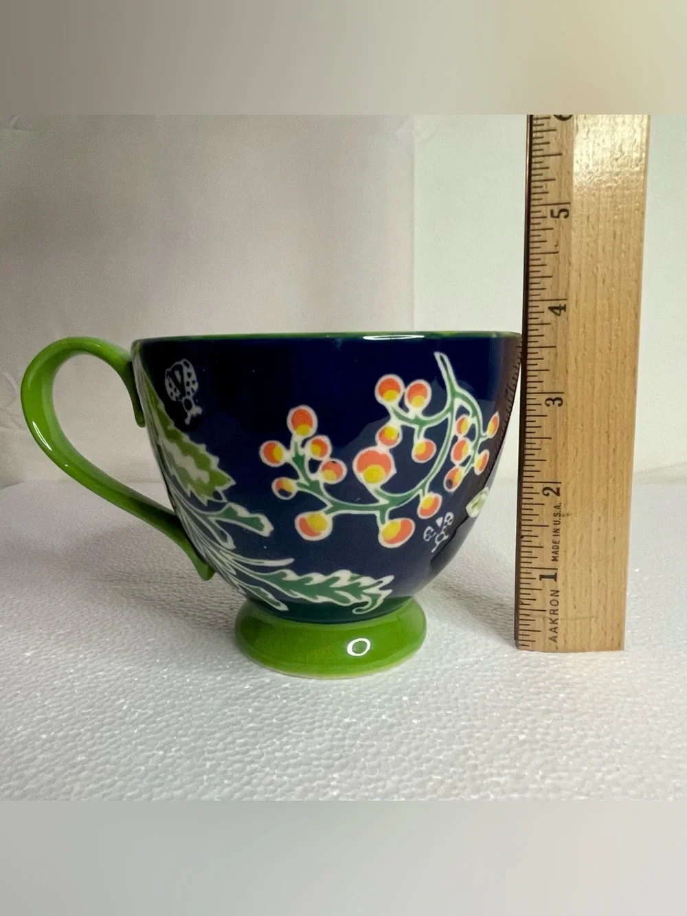 Anthropology Ella Ayaka Decorative Footed Slipware Coffee Cup 12 Oz Blue Green